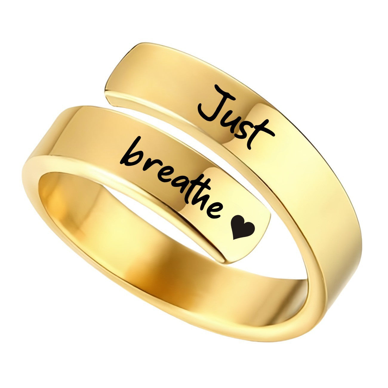 Gold wrap adjustable ring with script engraving and heart by eprolo just breathe engraved ring