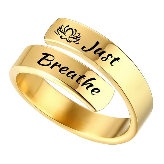 Gold adjustable wrap just breathe engraved ring with lotus motif by eprolo for mindful everyday wear