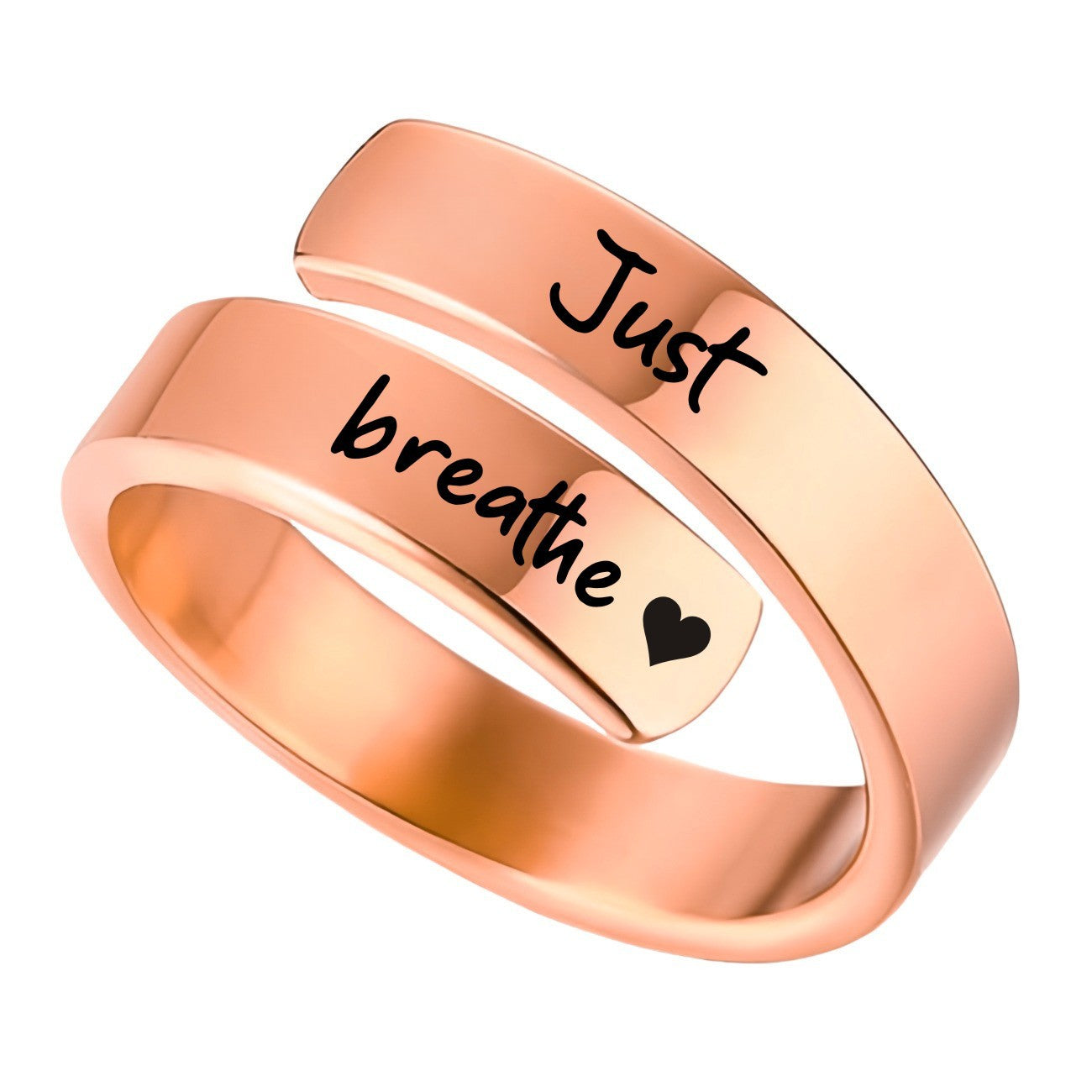 Rose gold adjustable open wrap eprolo just breathe engraved ring with heart motif minimalist