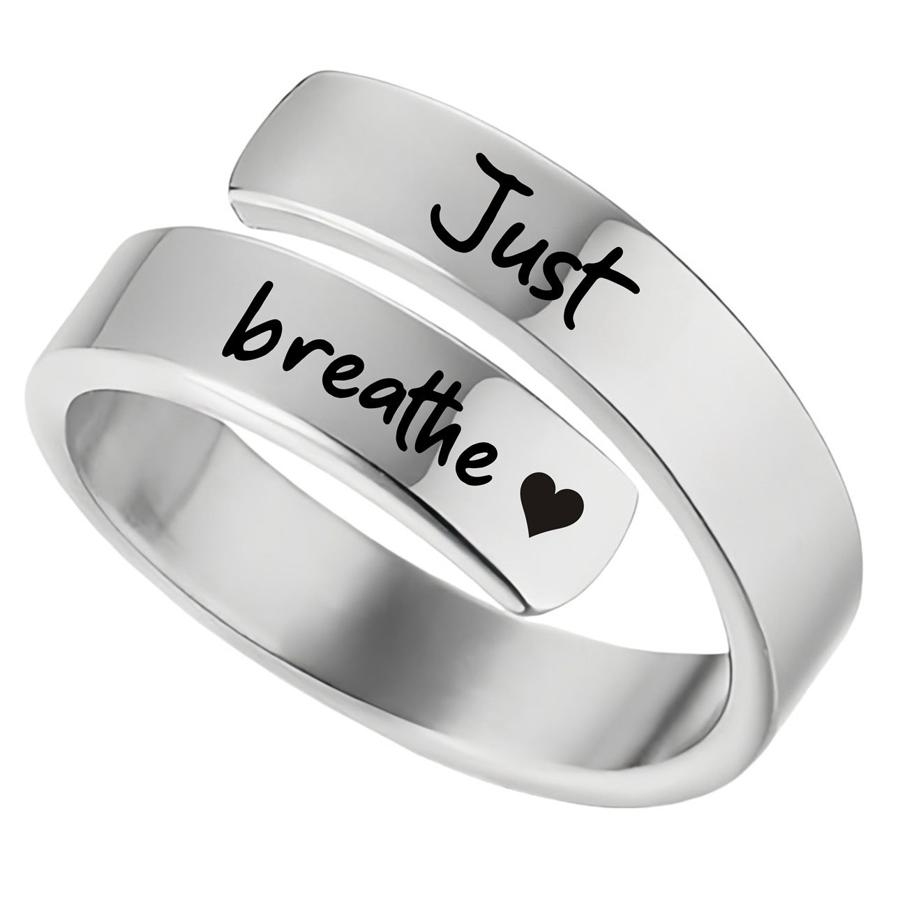 silver adjustable wrap ring just breathe engraved ring with black script engraving and heart detail for calming