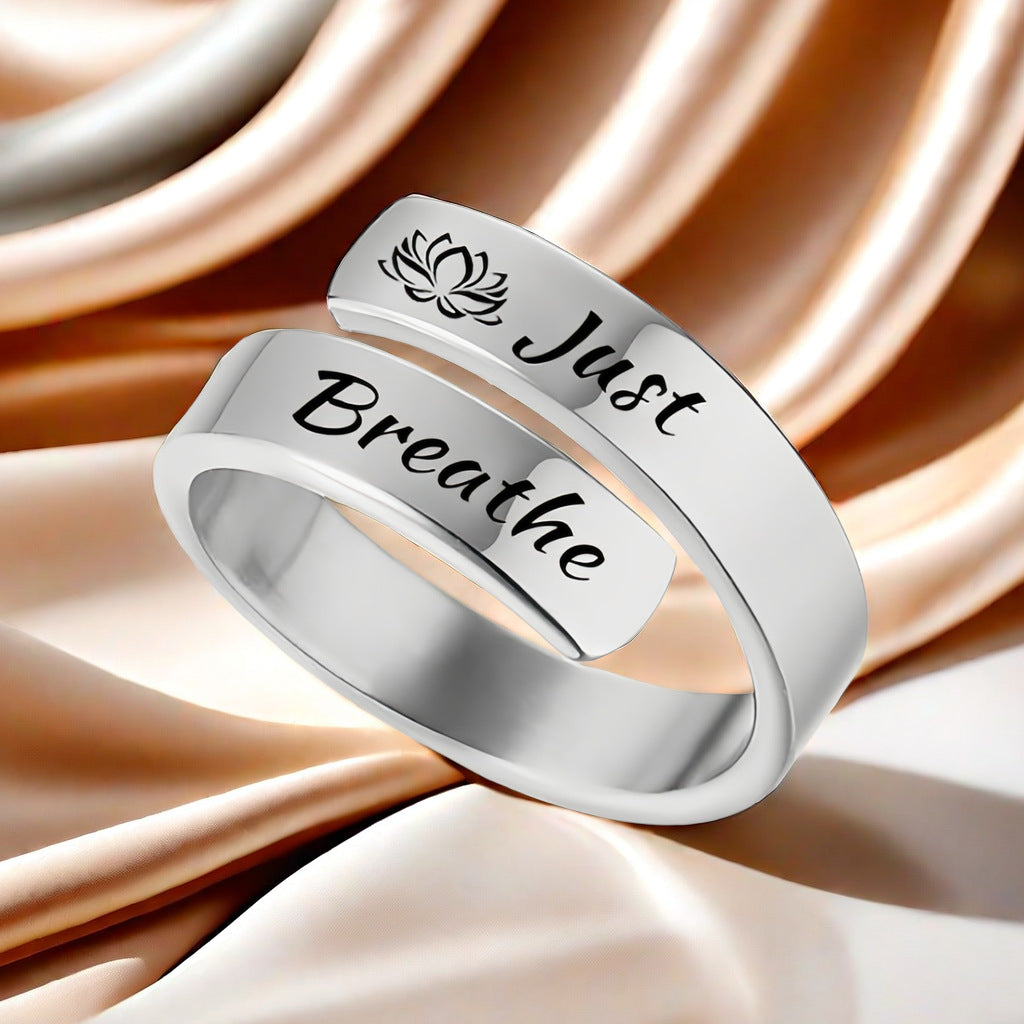 eprolo sterling silver wrap ring with lotus motif and script Just Breathe engraving just breathe engraved ring