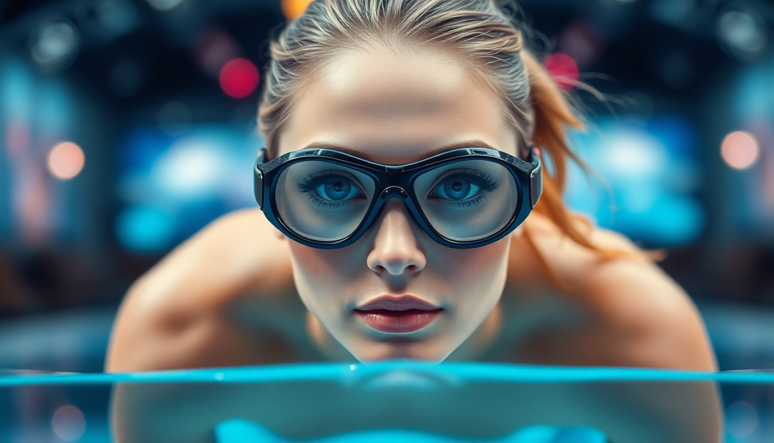 Female competitive swimmer wearing sleek mirrored goggles at the pool edge highlighting top swimming goggles trends