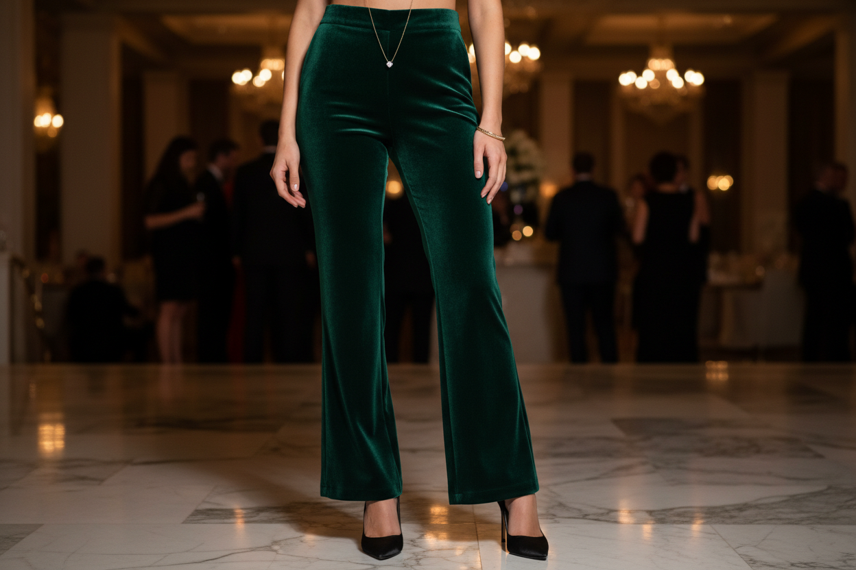Elegant model showcases designer velvet pants for night out in rich emerald green at a glamorous event