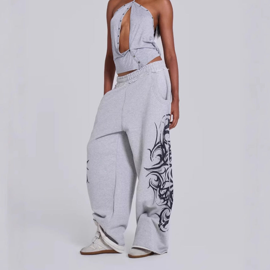 Retro Streetwear Casual Loose Straight Leg Sweatpants with Print Design