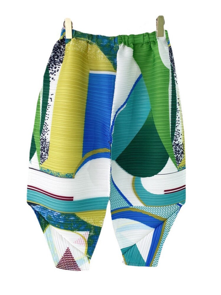 Female Casual Pleated Printed Pants For Women Summer New Loose Harlan Elastic Waist Color Block Trousers