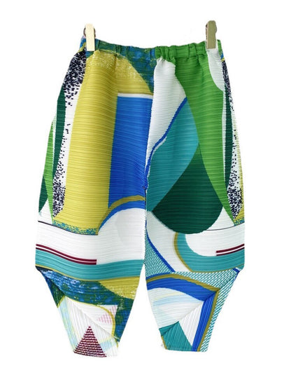 Female Casual Pleated Printed Pants For Women Summer New Loose Harlan Elastic Waist Color Block Trousers