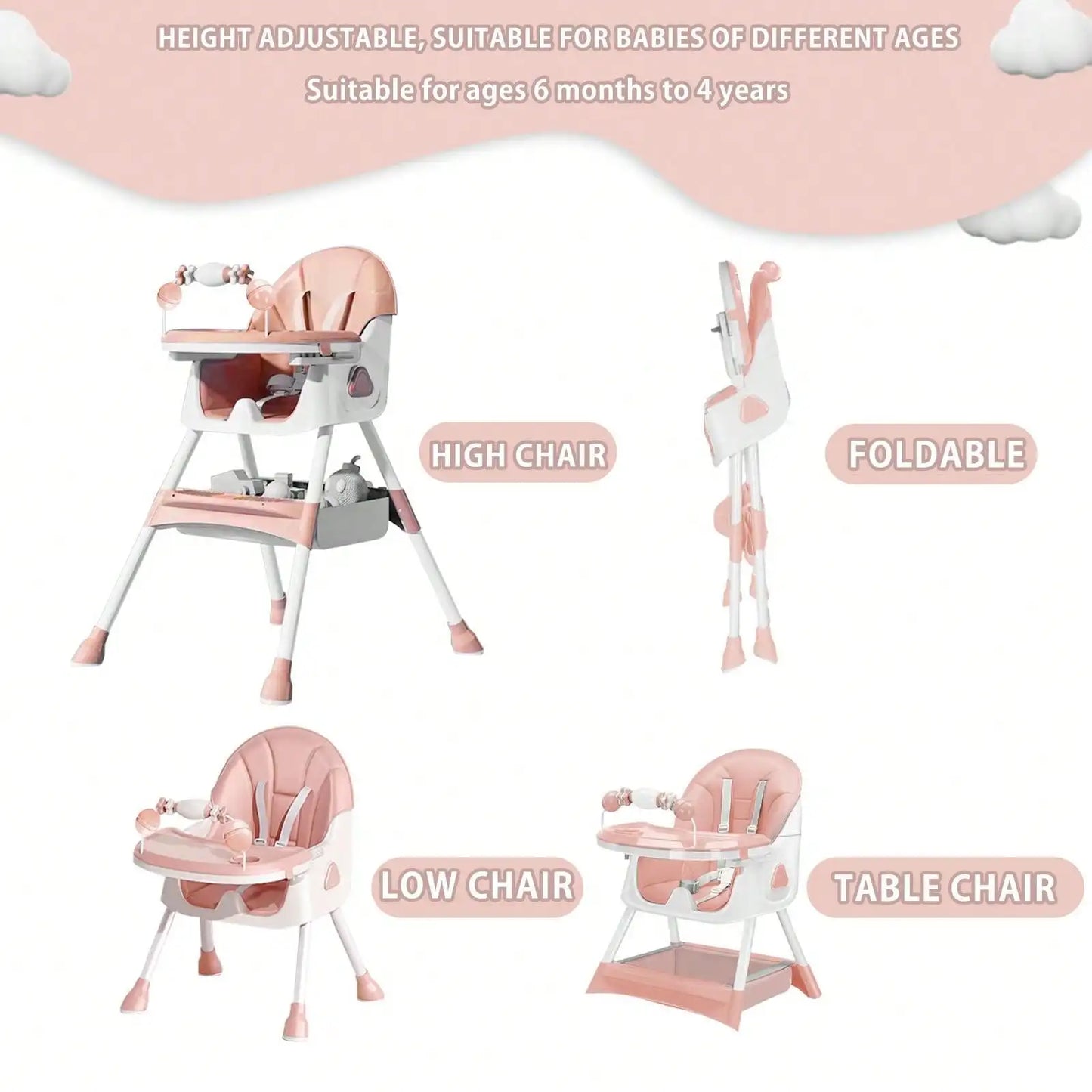 Pink 3 in 1 baby high chair with adjustable height, foldable design, and versatile use for ages 6 months to 4 years