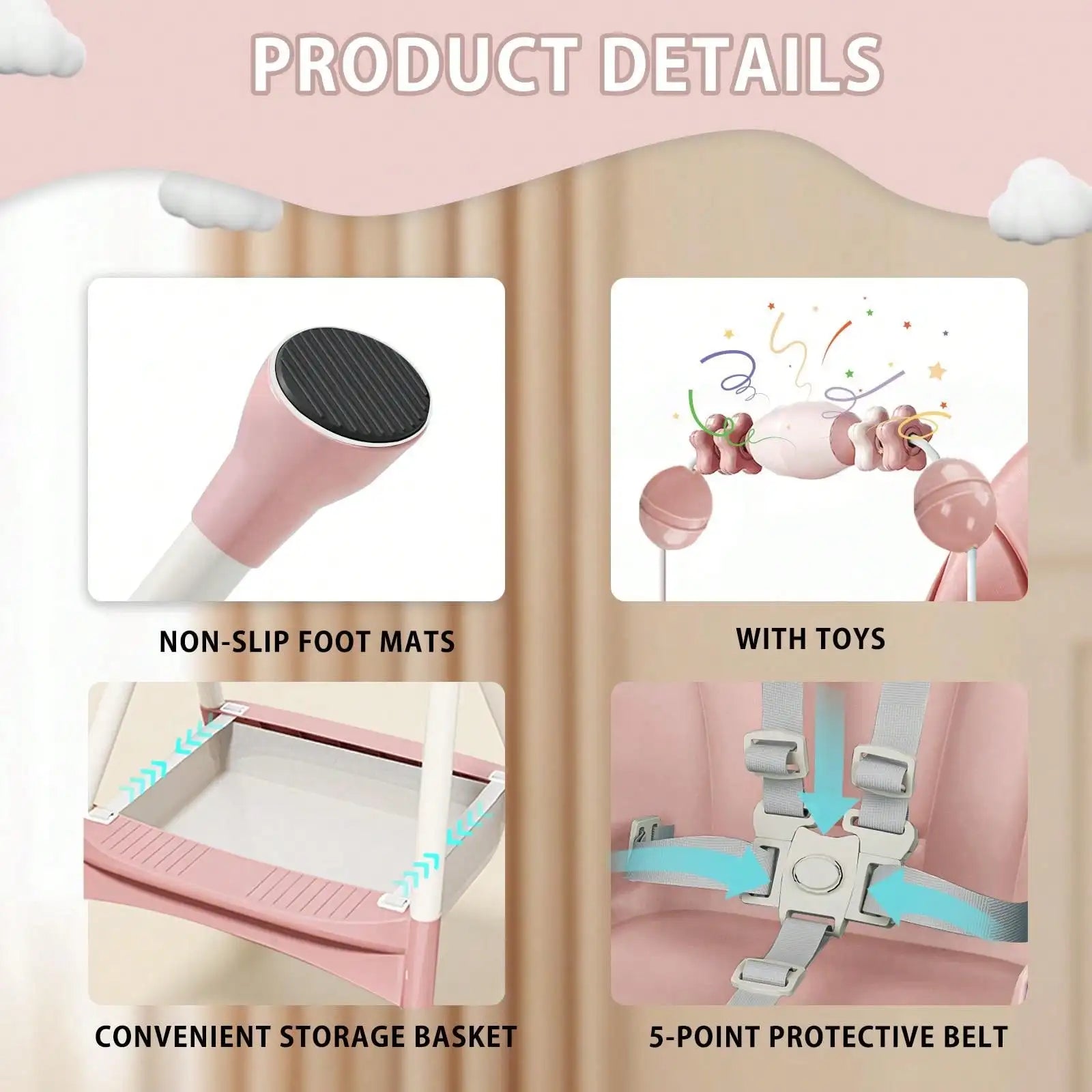 3 in 1 baby high chair with non-slip foot mats, storage basket and attached toys for enhanced safety and fun