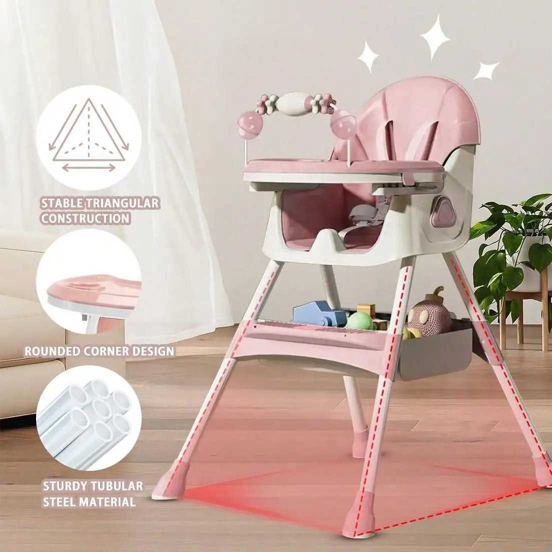 Stylish 3 in 1 baby high chair with sturdy design and rounded corners for added safety and comfort