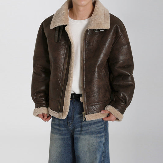 Faux Lamb Wool Turn-Down Collar PU Leather Cotton Coat Men Winter Loose Warm Thickened Cotton Jacket Commuter Outfit