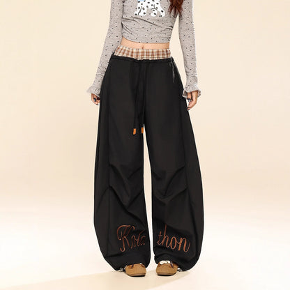 Casual Pants Waistband Plaid Patchwork Faux Two-Piece Wide Leg Pants