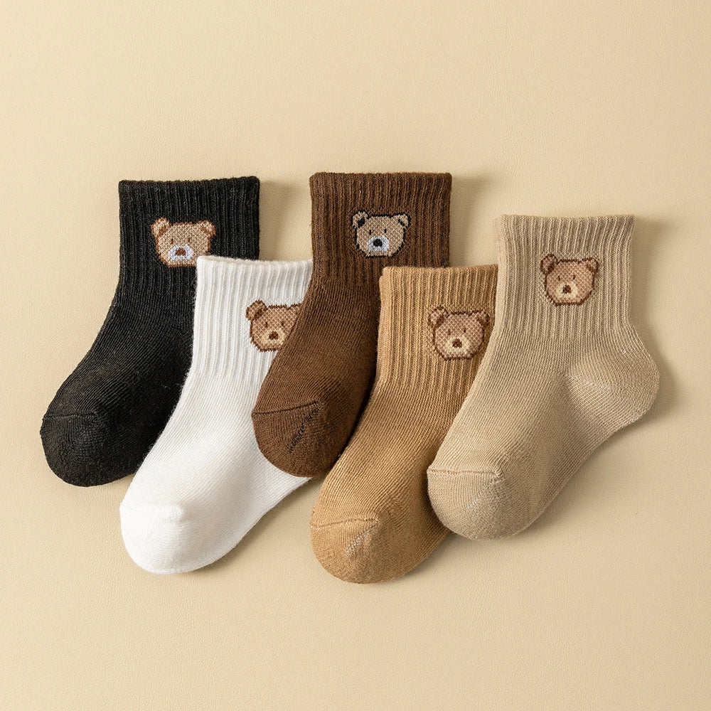 5 pairs bear pattern baby socks in various colours for comfort and style