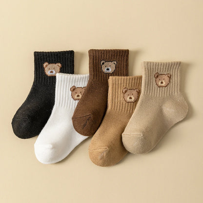 5 pairs bear pattern baby socks in various colours for comfort and style