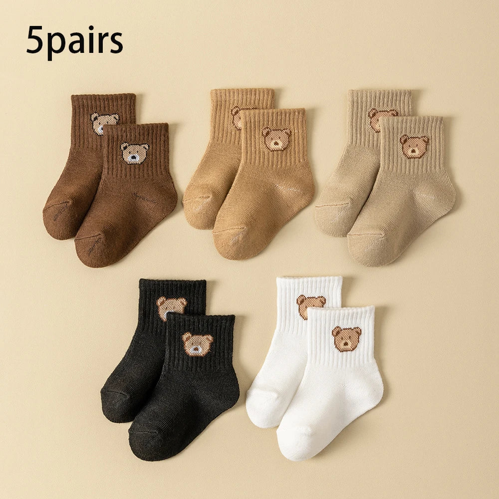 5 pairs bear pattern baby socks in assorted colours for toddlers, featuring cute bear designs