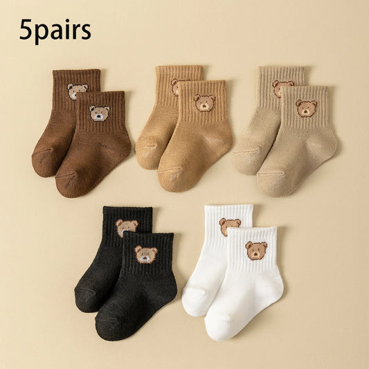 5 pairs bear pattern baby socks in assorted colours for toddlers, featuring cute bear designs