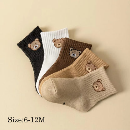 5 pairs bear pattern baby socks in assorted colours for infants aged 6-12 months