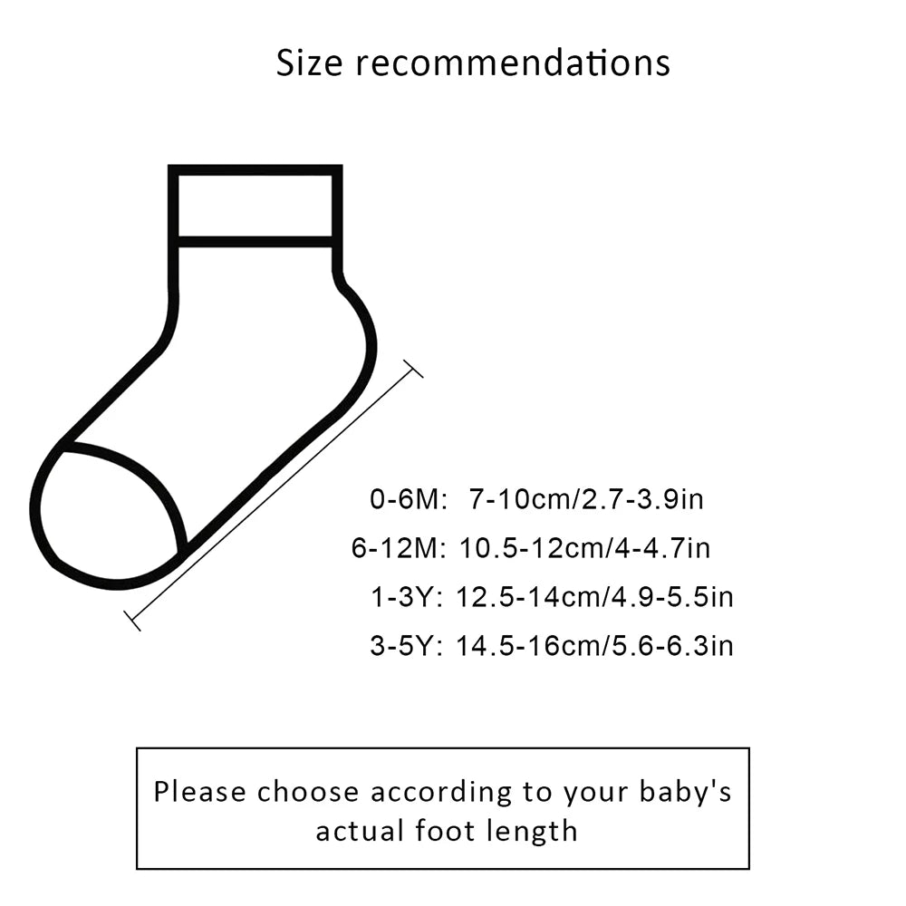 Size guide for 5 pairs bear pattern baby socks with recommended foot lengths for infants and toddlers