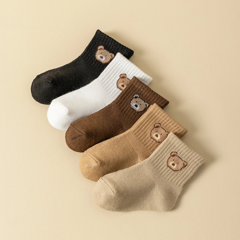 5 pairs bear pattern baby socks in various colours from Luxurymania24 for stylish infants