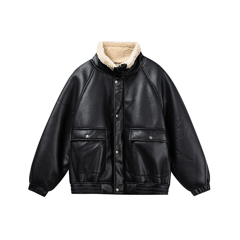 PU Leather with Shearling Fur Collar  Winter Jacket