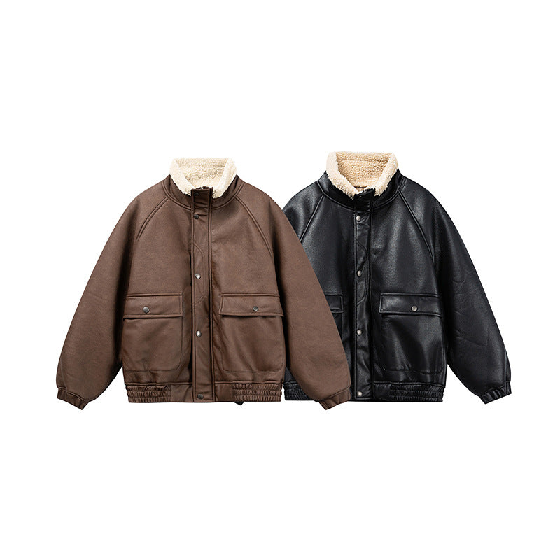 PU Leather with Shearling Fur Collar  Winter Jacket
