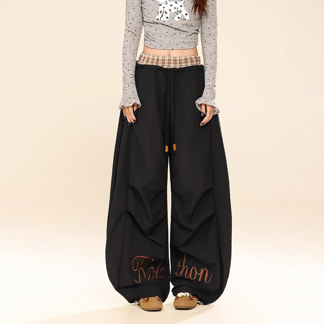 Casual Pants Waistband Plaid Patchwork Faux Two-Piece Wide Leg Pants