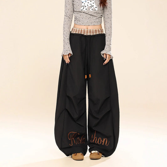 Casual Pants Waistband Plaid Patchwork Faux Two-Piece Wide Leg Pants