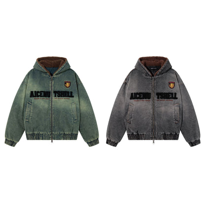 Gradient embroidered letter and velvet denim jacket