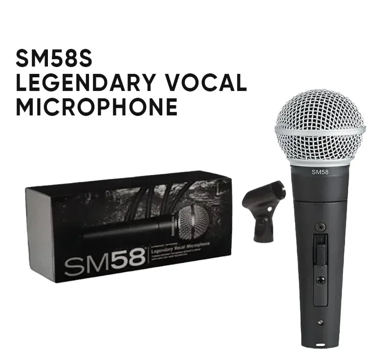 Sennheiser SM58S legendary vocal microphone with packaging on a white background