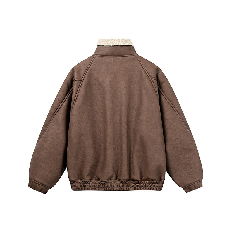 PU Leather with Shearling Fur Collar  Winter Jacket