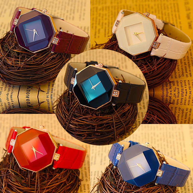 Geometry Crystal Leather Quartz Wristwatch