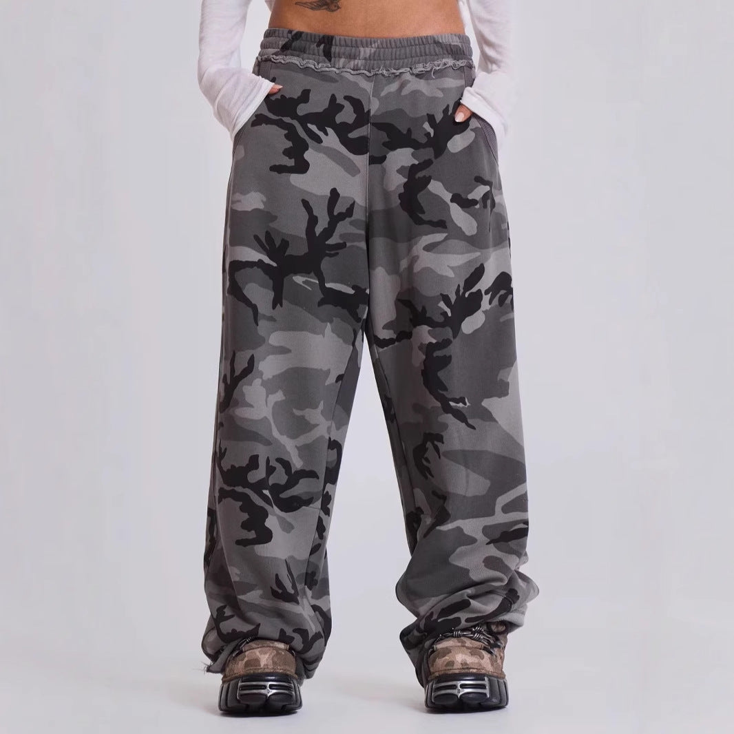 Street Retro Camouflage Print Faded Edge Loose Straight Casual Pants Sweatpants Unisex Spring Summer