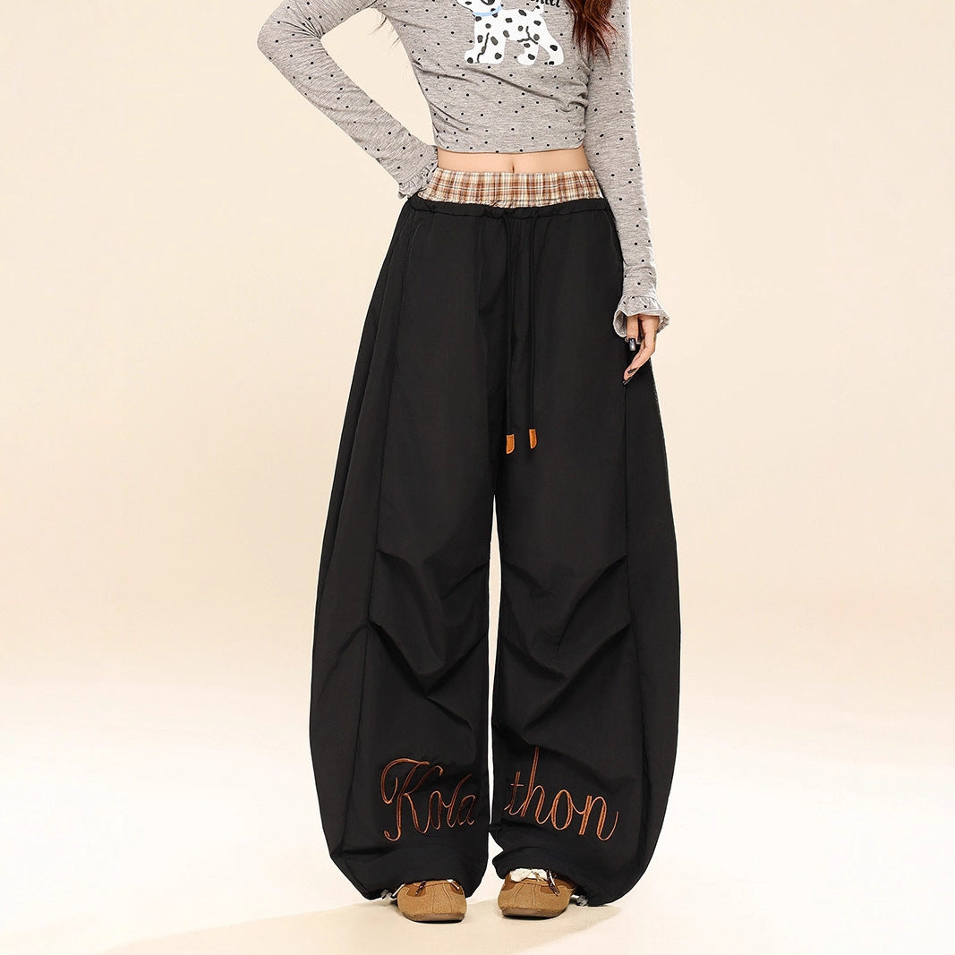 Casual Pants Waistband Plaid Patchwork Faux Two-Piece Wide Leg Pants