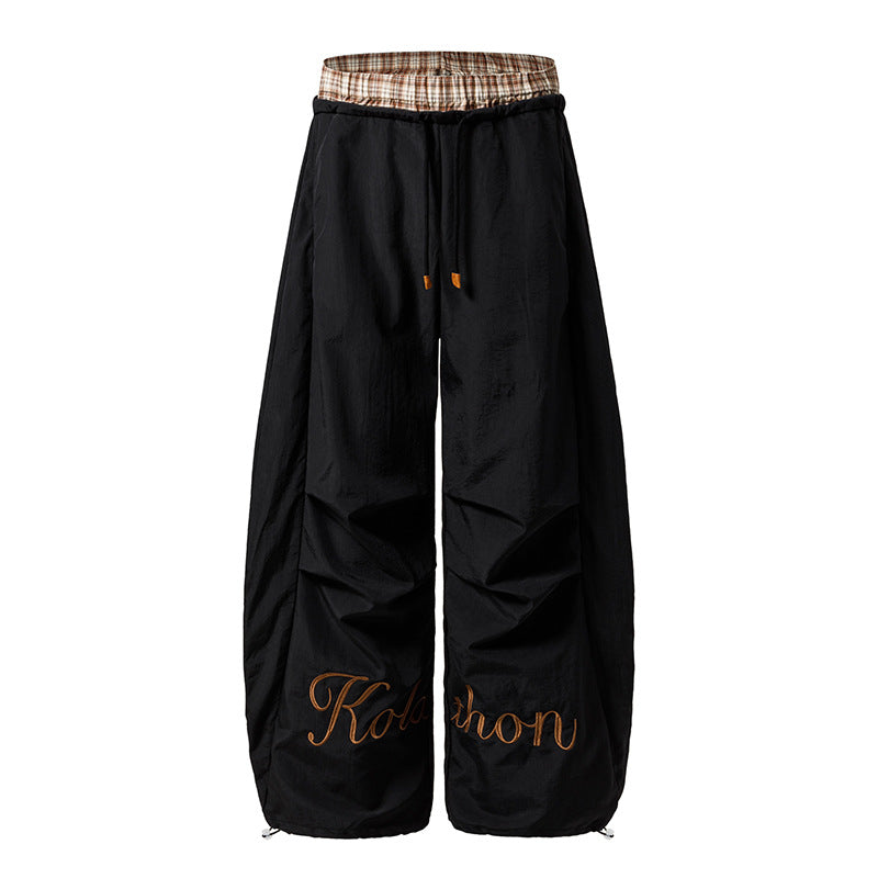 Casual Pants Waistband Plaid Patchwork Faux Two-Piece Wide Leg Pants