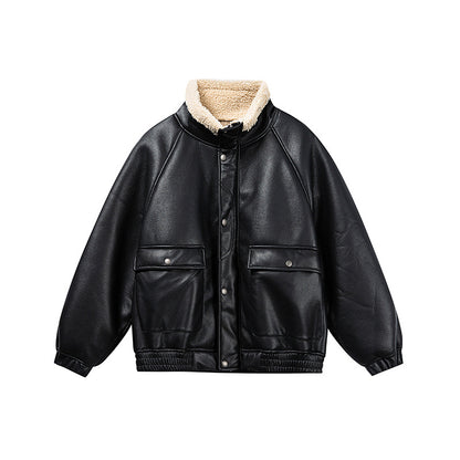 PU Leather with Shearling Fur Collar  Winter Jacket