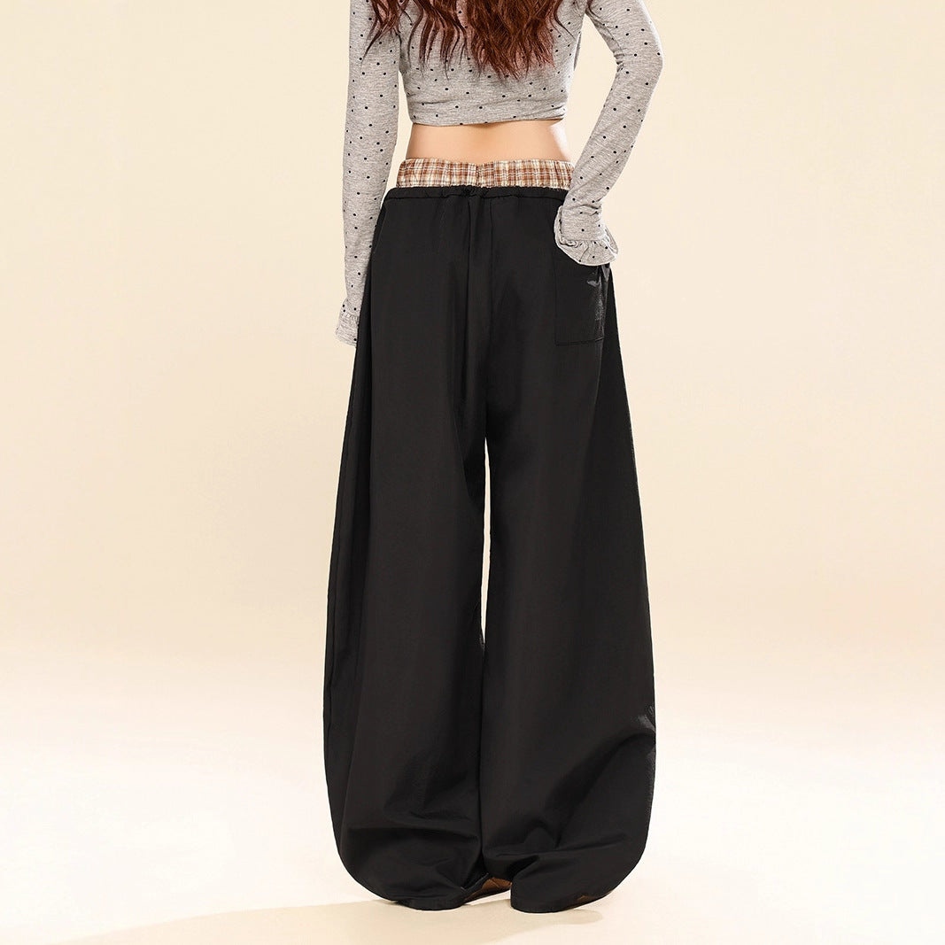Casual Pants Waistband Plaid Patchwork Faux Two-Piece Wide Leg Pants