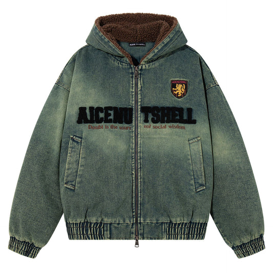 Gradient embroidered letter and velvet denim jacket