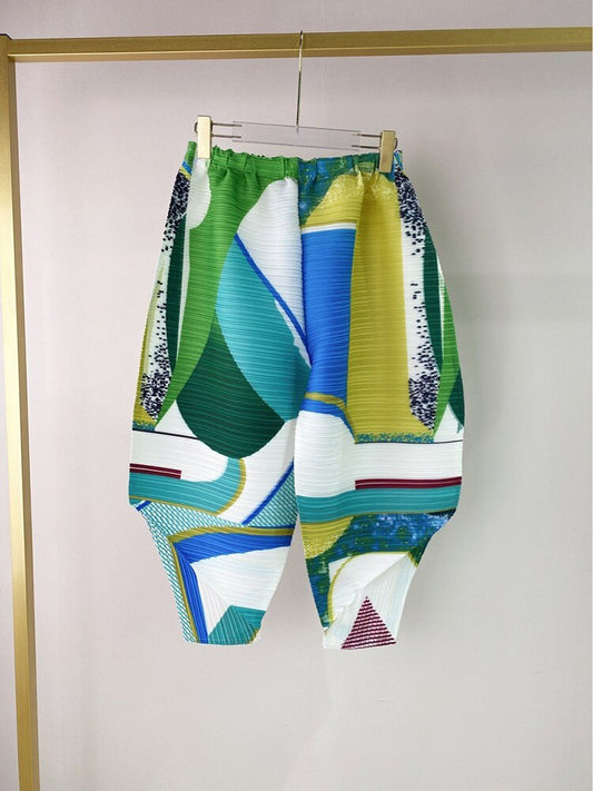 Female Casual Pleated Printed Pants For Women Summer New Loose Harlan Elastic Waist Color Block Trousers