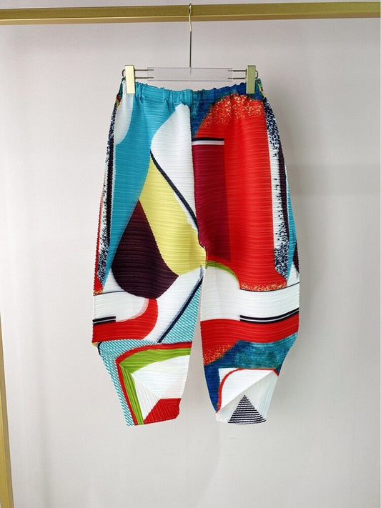 Female Casual Pleated Printed Pants For Women Summer New Loose Harlan Elastic Waist Color Block Trousers