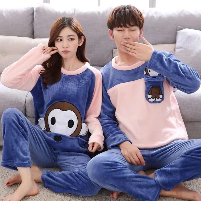 Couple Pajamas Set Winter Flannel Pyjamas Women Home Wear Nightwear 2Pcs Men's Sleepwear Cartoon Panda Pijama Warm Clothes Suit