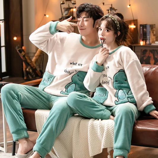 Couple Pajamas Set Winter Flannel Pyjamas Women Home Wear Nightwear 2Pcs Men's Sleepwear Cartoon Panda Pijama Warm Clothes Suit