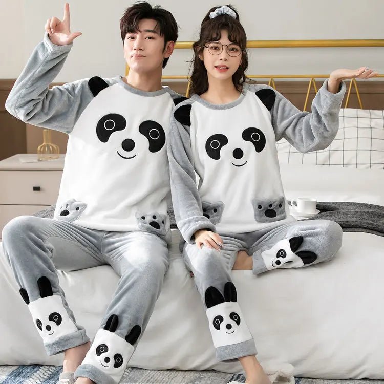 Couple Pajamas Set Winter Flannel Pyjamas Women Home Wear Nightwear 2Pcs Men's Sleepwear Cartoon Panda Pijama Warm Clothes Suit