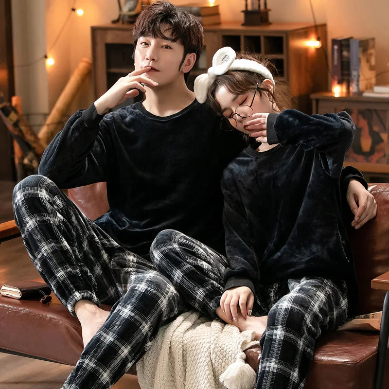 Couple Pajamas Set Winter Flannel Pyjamas Women Home Wear Nightwear 2Pcs Men's Sleepwear Cartoon Panda Pijama Warm Clothes Suit