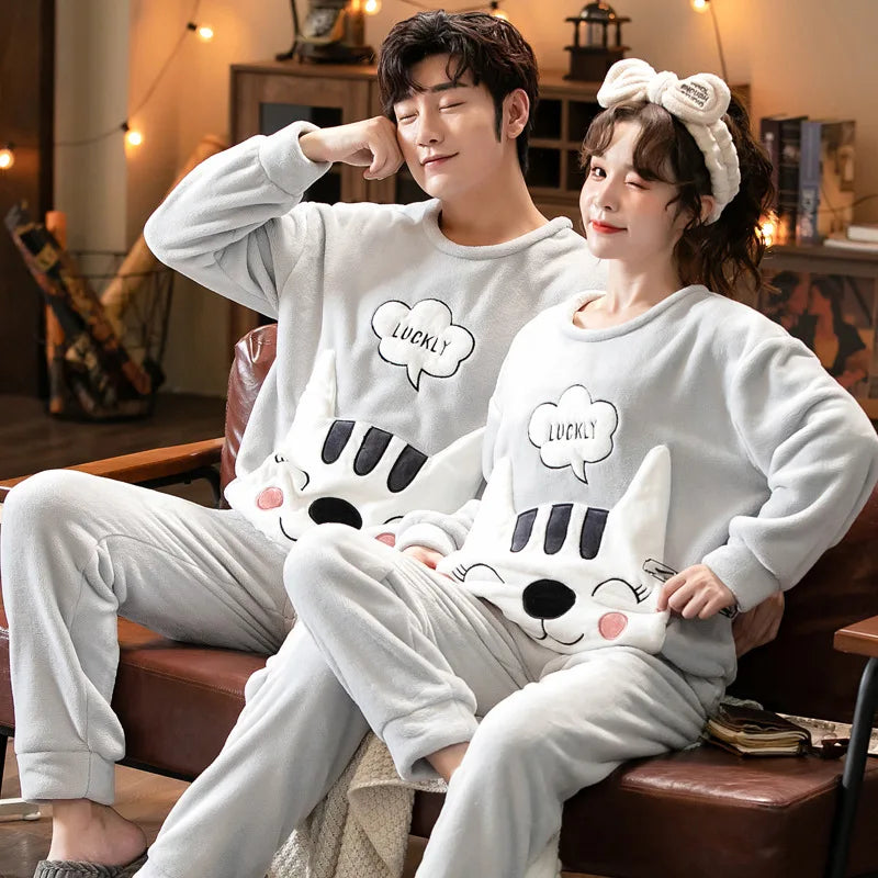 Couple Pajamas Set Winter Flannel Pyjamas Women Home Wear Nightwear 2Pcs Men's Sleepwear Cartoon Panda Pijama Warm Clothes Suit