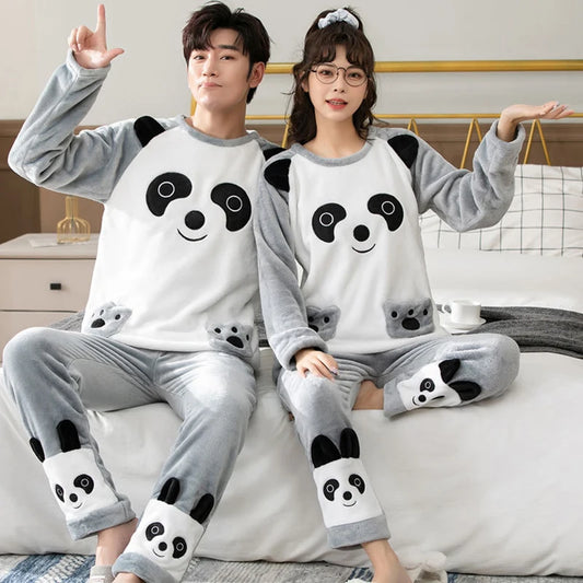 Couple Pajamas Set Winter Flannel Pyjamas Women Home Wear Nightwear 2Pcs Men's Sleepwear Cartoon Panda Pijama Warm Clothes Suit
