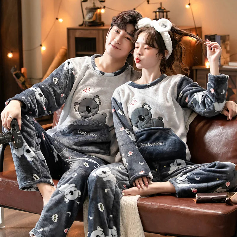 Couple Pajamas Set Winter Flannel Pyjamas Women Home Wear Nightwear 2Pcs Men's Sleepwear Cartoon Panda Pijama Warm Clothes Suit