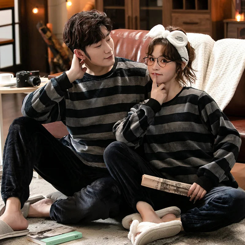 Couple Pajamas Set Winter Flannel Pyjamas Women Home Wear Nightwear 2Pcs Men's Sleepwear Cartoon Panda Pijama Warm Clothes Suit