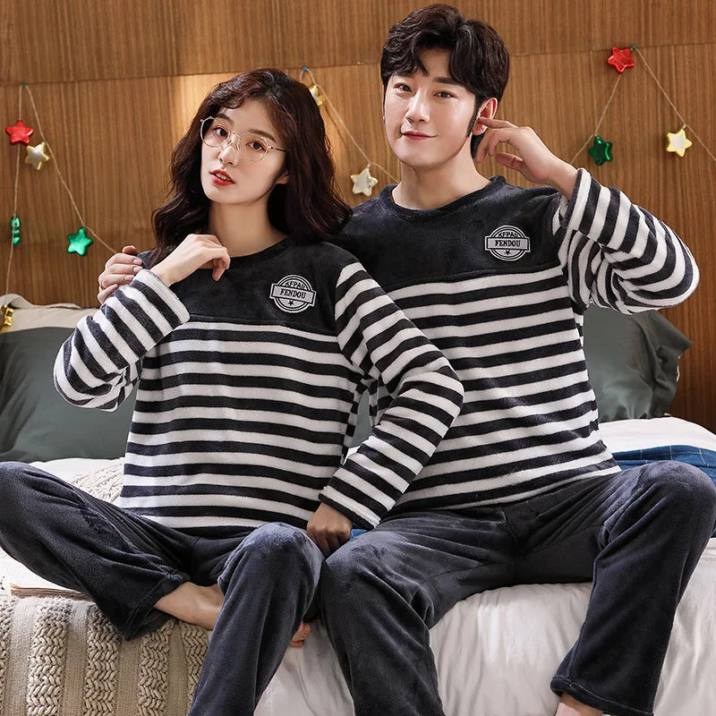 Couple Pajamas Set Winter Flannel Pyjamas Women Home Wear Nightwear 2Pcs Men's Sleepwear Cartoon Panda Pijama Warm Clothes Suit