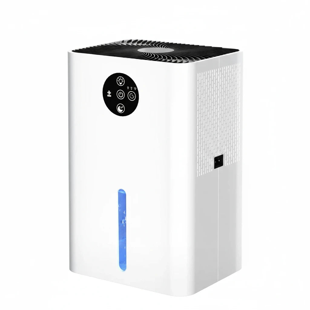 White air purifier with a black top and blue indicator light on a white background