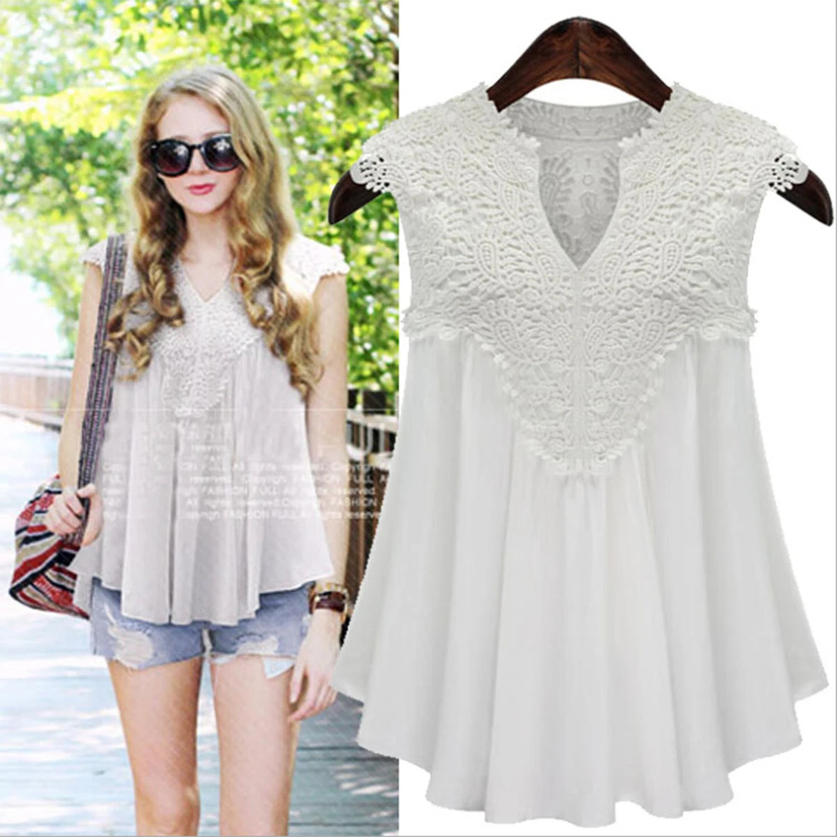 Lace Trim Chiffon Blouse - Women’s V-Neck Loose Casual Summer Shirt