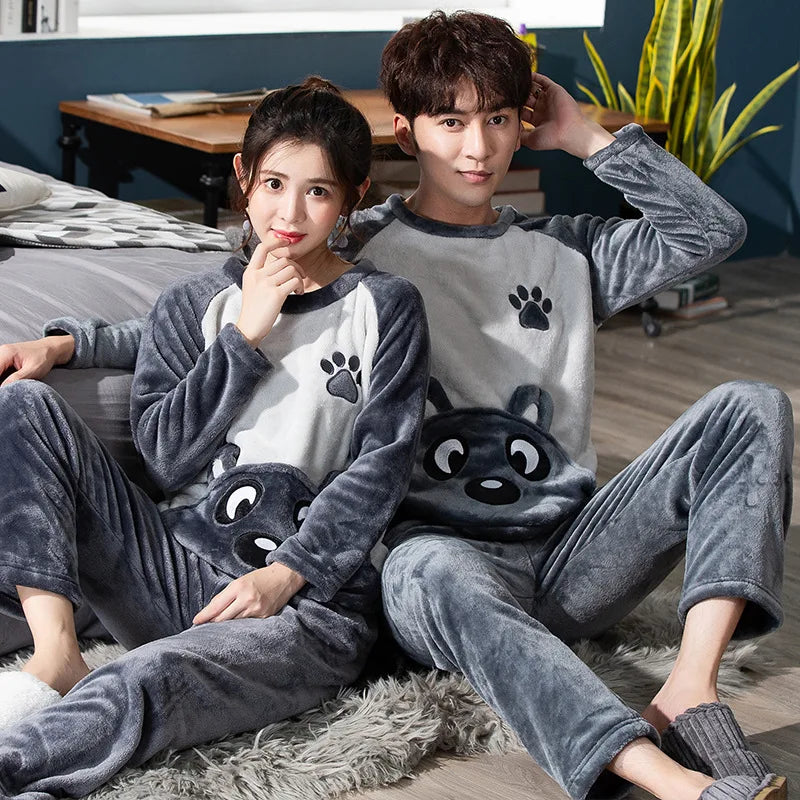 Winter Long Sleeve Thick Warm Flannel Pajama Set for Men Coral Velvet Cartoon Couple Sleepwear Pyjamas Women Homewear Clothes